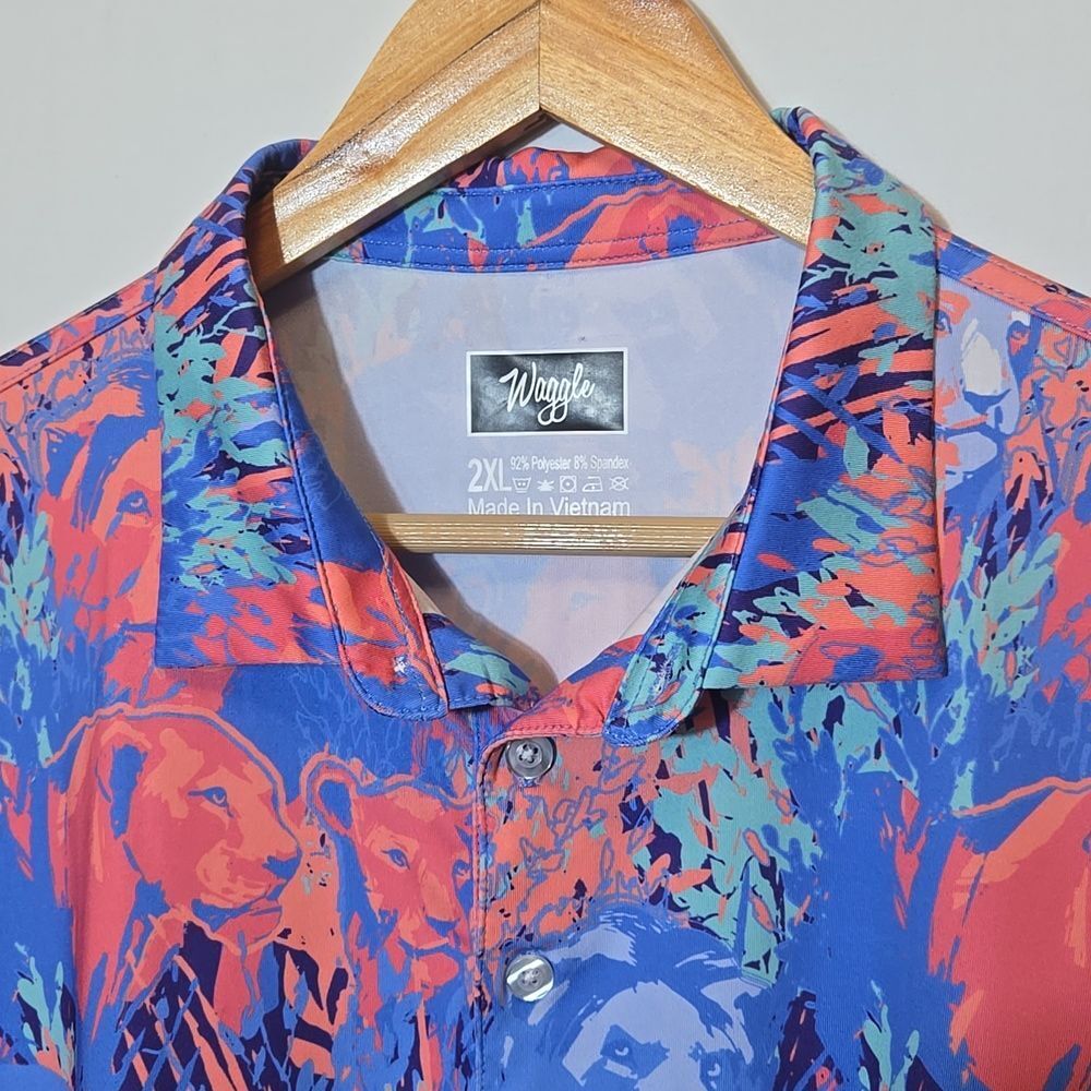 Waggle Men's Clubhouse King Golf Polo Shirt 2XL Lion Tropical Print Short Sleeve - Picture 2 of 10